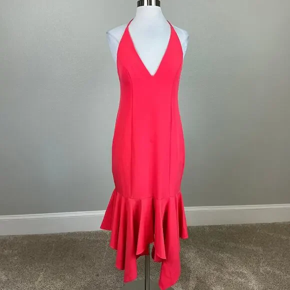 Aidan Mattox Backless High Low Halter Cocktail Dress Coral Pink Size 4 Midi - Picture 2 of 12